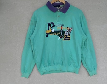 Vintage Golf Polo Embroidered Button Sweatshirt Green Color Pullover Jumper Size L