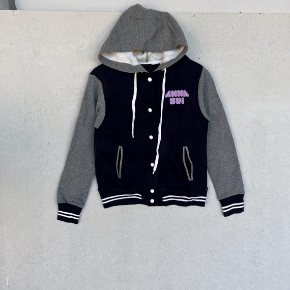 Anna Sui, Vintage Anna Sui Black Varsity Jacket With Pink Logo Size M