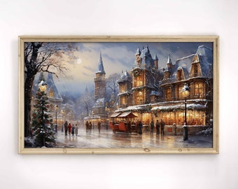 May include: A framed watercolor painting depicts a snowy Christmas scene. Buildings with lit windows line a street with a horse-drawn carriage. A Christmas tree stands near a lamppost, and people walk along the street.