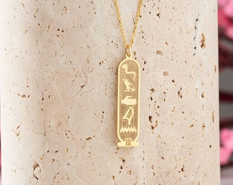 14K Gold Egypte Cartouche ketting, Egypte naam ketting, gepersonaliseerde cadeaus voor haar, Egyptische hiëroglifische cartouche sieraden, oud symbool