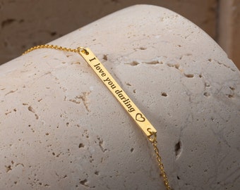 14k Gold Personalized Bar Bracelet, Engraved Bracelet, Custom Name Bracelet, Quote Bracelet, Bar Bracelet for Names, Dates, Coordinates