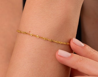 14k Gold Twist Chain Bracelet, Dainty Singapore Chain Bracelet, Twisted Chain Bracelet, Thin Rope Chain Bracelet, Simple Gold Bracelet