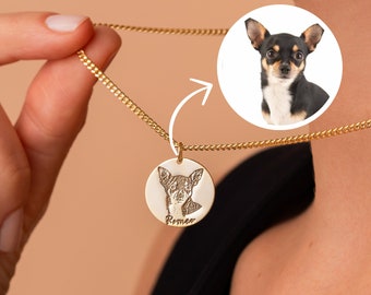 Custom Pet Portrait Necklace with Pet Name, Dog Portrait Necklace, Cat Portrait Necklace, Engraved Portrait from Photo, Pet Memorial Jewelry