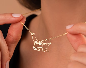 14k Gold Cat Name Necklace, Dainty Cat Name Necklace, Personalized Cat Name Necklace, Cat Jewelry, Gifts For Cat Lovers, Cat Memorials Gift
