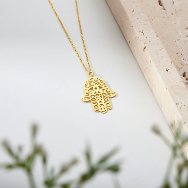 14k Gold Hamsa Necklace, Evil Eye Necklace, Hamsa Charm Pendant, Dainty Protection Necklace, Hamsa Hand Necklace, Birthday Gift for Her