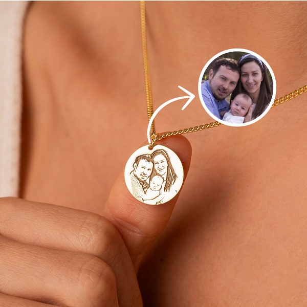 14k Gold Engraved Family Portrait Necklace, Custom Family Photo Necklace, Memorial Necklace, Mothers Day Gift for Mom, Keepsake Jewelry