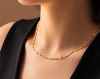 14K Gold Figaro Chain Necklace, Dainty Gold Chain Necklace Waterproof Figaro Necklace, Sterling Silver Figaro Chain, Choker Chain Necklace