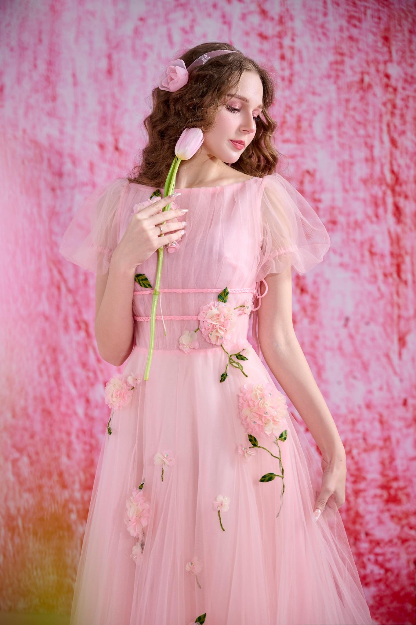 Blush Pink Tulle Maxi Dress With 3D Floral Appliques, Fairy