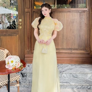 Yellow Collection Ao Dai,Floral ao dai,Yellow ao dai with embroidery,Vietnamese ao dai,Yellow party ao dai, Wedding ao dai, Handmade Ao Dai