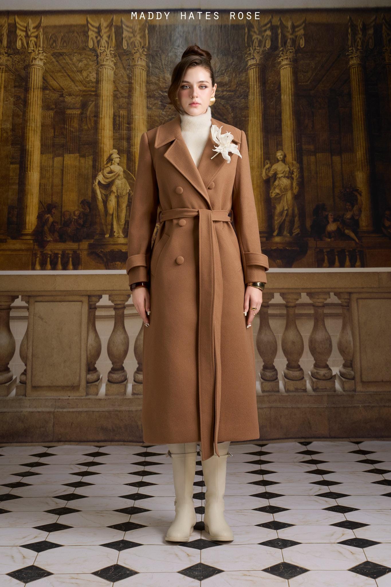 Camel Cashmere Wool Long Coat for Women – Double Breasted Belted