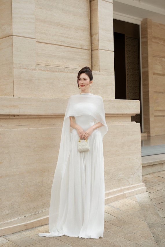 white dress with chiffon cape Sweetheart Floor-Length Chiffon Wedding Dress with Cape Train Rachel Allan  RB5124  The Dress Outlet