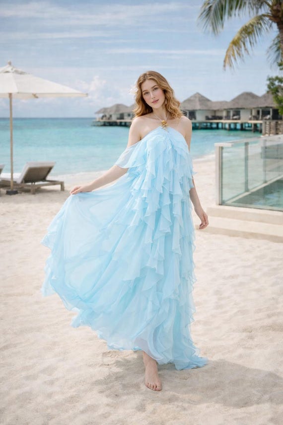 Pastel Chiffon Maxi Dress, Romantic Halter Layered Gown, Summer Resort Vacation Dress, Flowing Elegant Dress