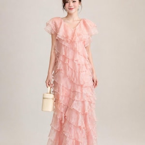chinese dress ladies Bandeau Ruffle Tiered A-Line Sweet Maternity Baby Shower Maxi Dress Pink / M