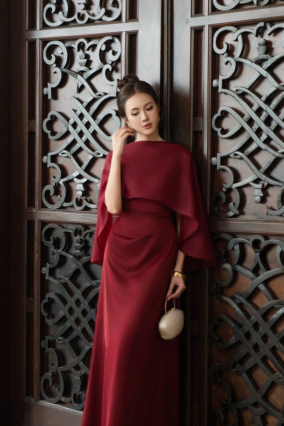 Burgundy Cape Evening Gown, Silk Dress with Chiffon Cape, Minimalist Wine Red Formal Dress, Elegant Wedding Guest Gown