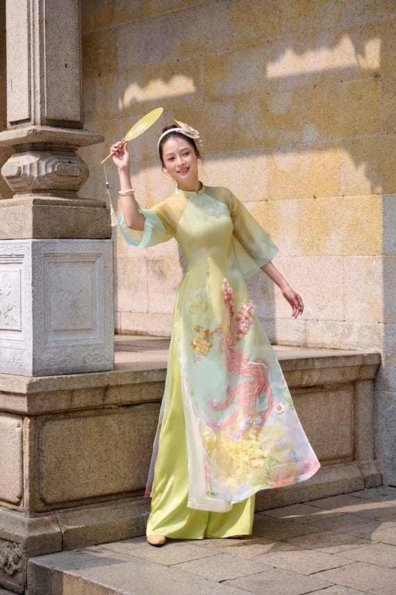 Peacock AO Dai Dress - Hand Embroidered Vietnamese Wedding Gown - Ombre Pastel Asian Bridal Outfit