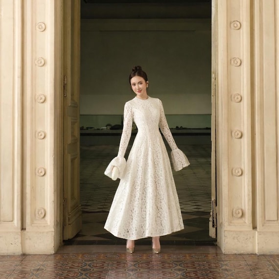 Elegant Lace Wedding Dress, Long Sleeve Bridal Gown With Bell Sleeves,  Vintage Ivory Maxi Dress for Minimalist Bride, Custom Made - Etsy Israel