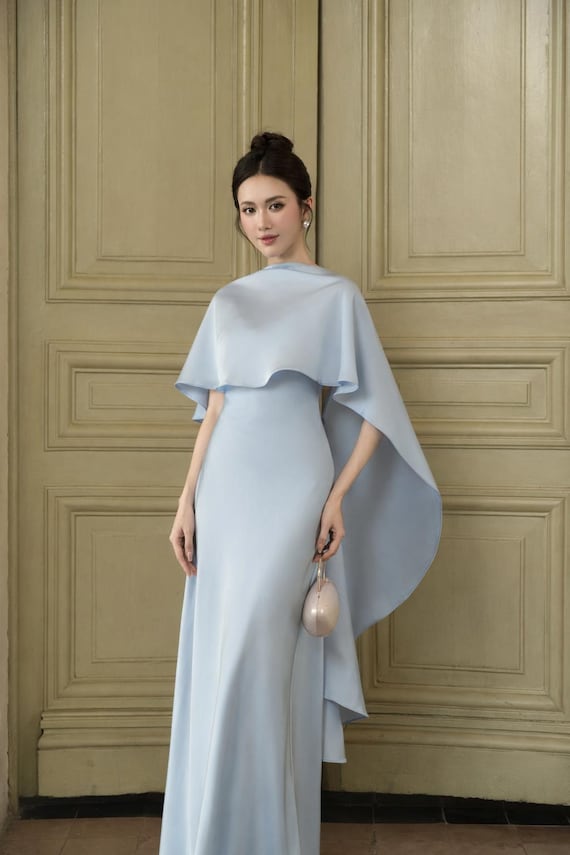 Dusty Blue Silk Evening Dress with Detachable Cape, Elegant Wedding Guest Gown, Minimal Long Dress , Custom Color Custom Size,Formal Dress Dusty Blue Silk Evening Dress with Detachable Cape, Elegant Wedding Guest Gown, Minimal Long Dress , Custom Color Custom Size,Formal Dress