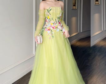 Fairytale Spring Tulle Dress with 3D Floral Embroidery, Pastel Green & Pink Off Shoulder Gown for Wedding, Photoshoot, Garden Party