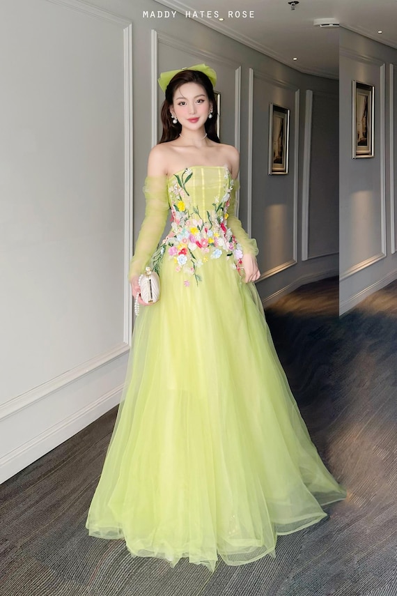 Fairytale Spring Tulle Dress with 3D Floral Embroidery, Pastel Green & Pink Off Shoulder Gown for Wedding, Photoshoot, Garden Party Fairytale Spring Tulle Dress with 3D Floral Embroidery, Pastel Green & Pink Off Shoulder Gown for Wedding, Photoshoot, Garden Party