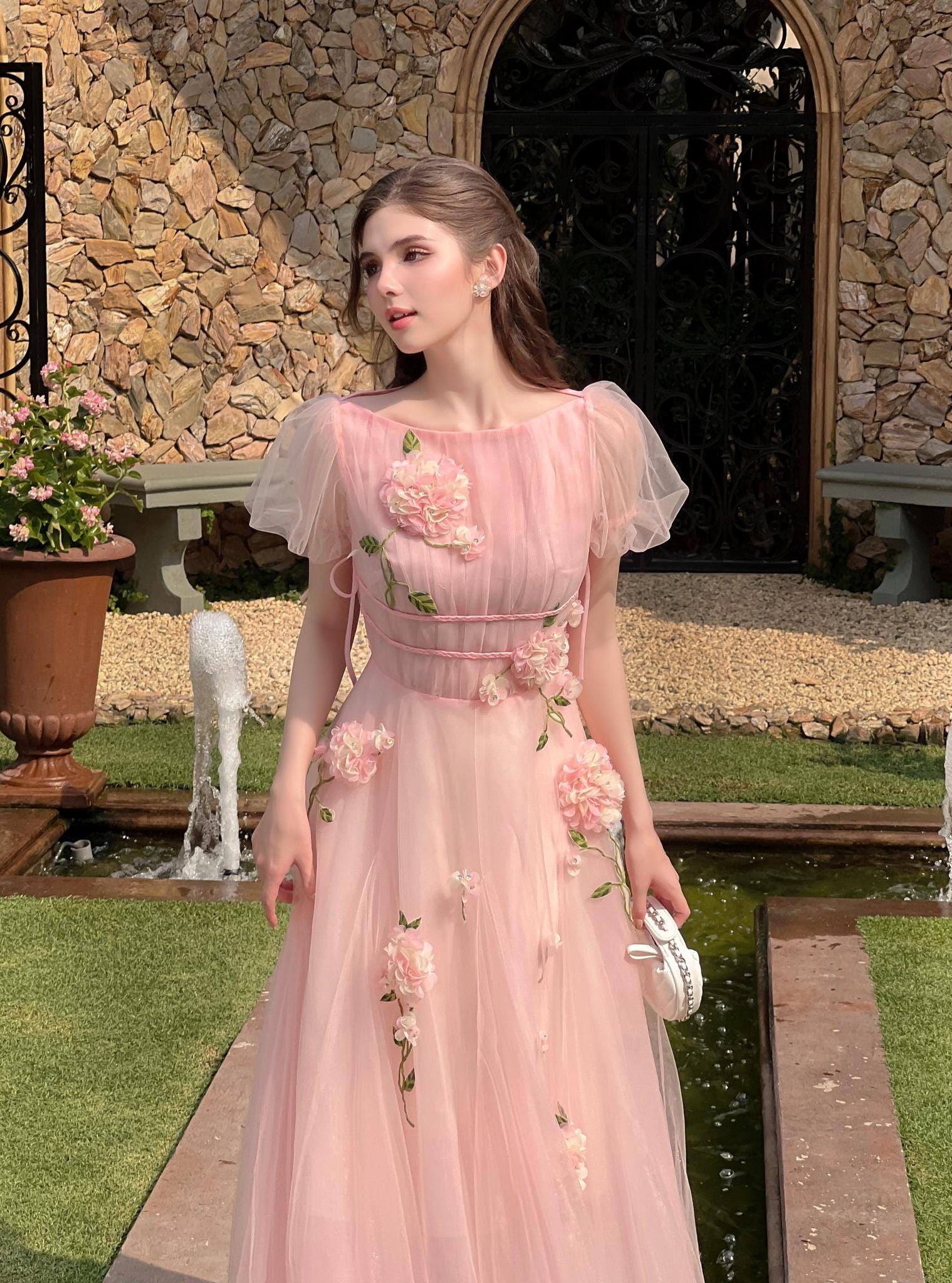 Blush Pink Tulle Maxi Dress with 3D Floral Appliques, Fairy Princess Evening Gown, Romantic Prom Wedding Guest Dress Blush Pink Tulle Maxi Dress with 3D Floral Appliques, Fairy Princess Evening Gown, Romantic Prom Wedding Guest Dress