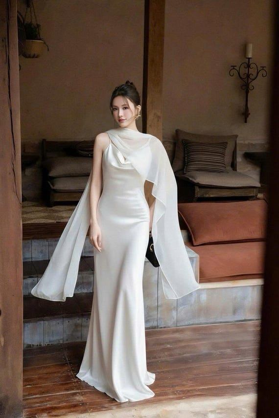 satin prom dress cape Silk Satin Evening Gown With Sheer Cape – Elegant Black & White Formal Dress,  Wedding Guest, Gala, Prom Dress
