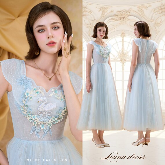 Swan Embroidered Blue Tulle Dress, Handmade Fairy Midi Dress with Lace & Silk Lining, Romantic Engagement Party Dress