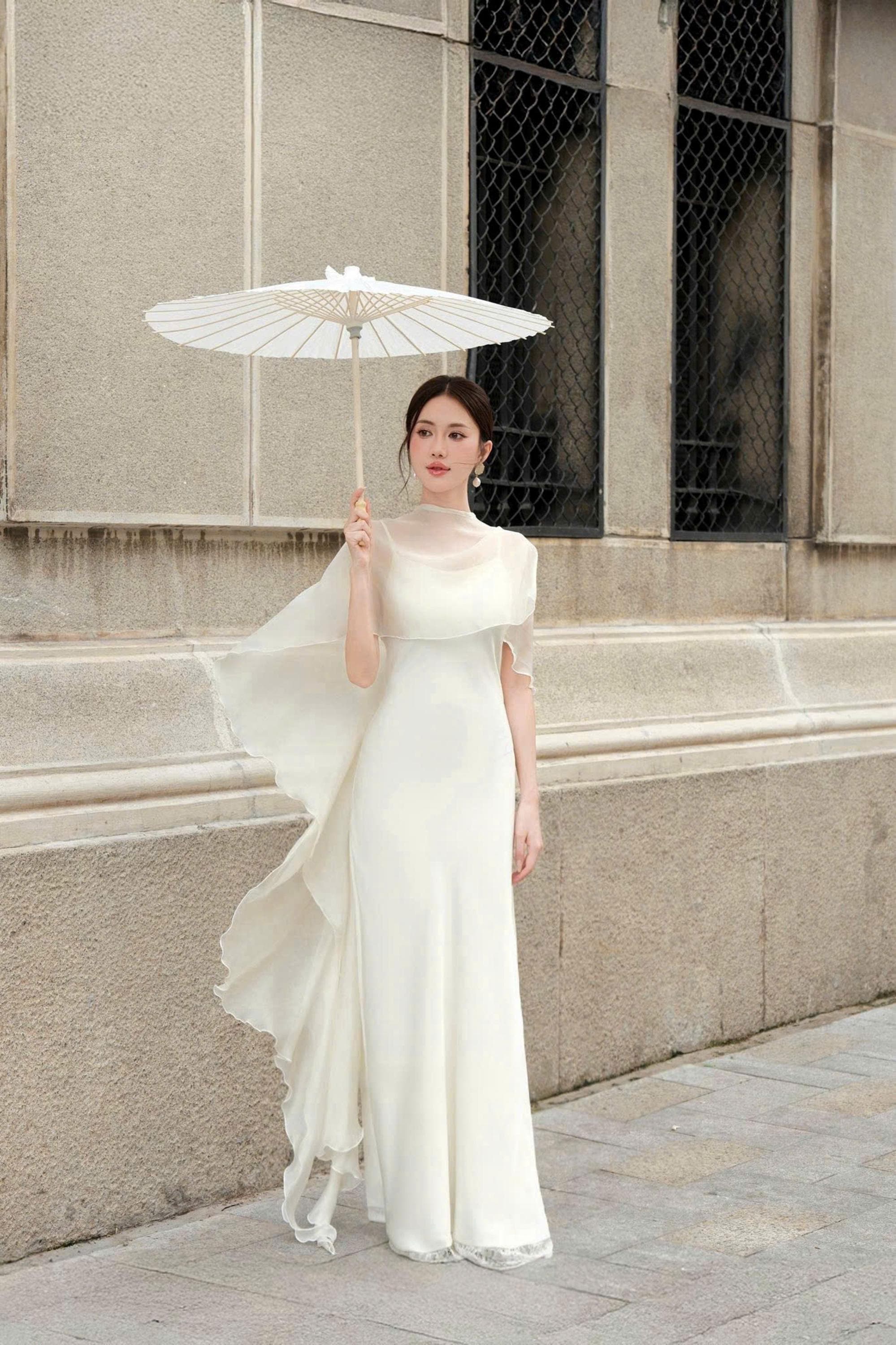 strapless open back dress Strapless Pleated Organza Formal Gown with Cape Shawl and A-Line Skirt –  AS032 – Viniodress main image 0