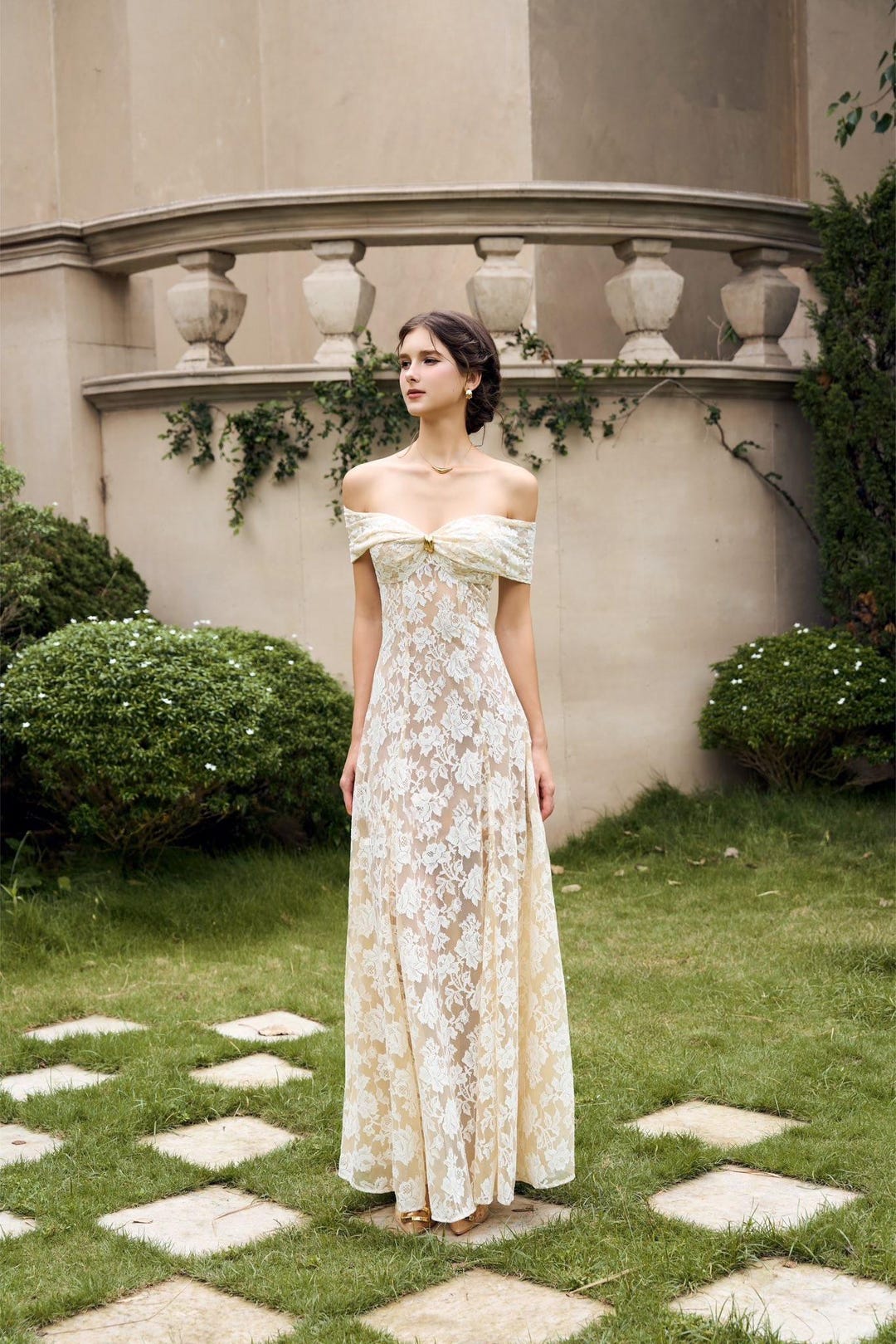 ivory lace off the shoulder dress Off Shoulder Ivory Lace High Slit Backless Chiffon Wedding Dress AWD1659