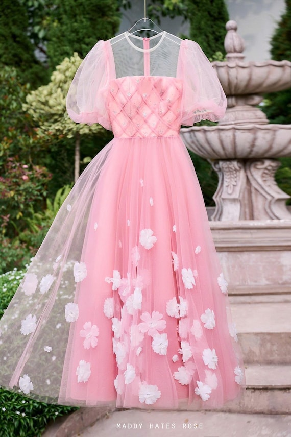 princess style maxi dress Pink Tulle Princess Dress, Floral Applique Puff Sleeve Gown, Fairycore Prom  Dress, Romantic Garden Party Dress, Elegant Evening Dress
