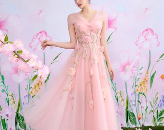 Fairytale Princess Pink Tulle Dress with 3D Floral Appliqués, Off Shoulder Fairycore Gown for Wedding, Prom & Garden Party