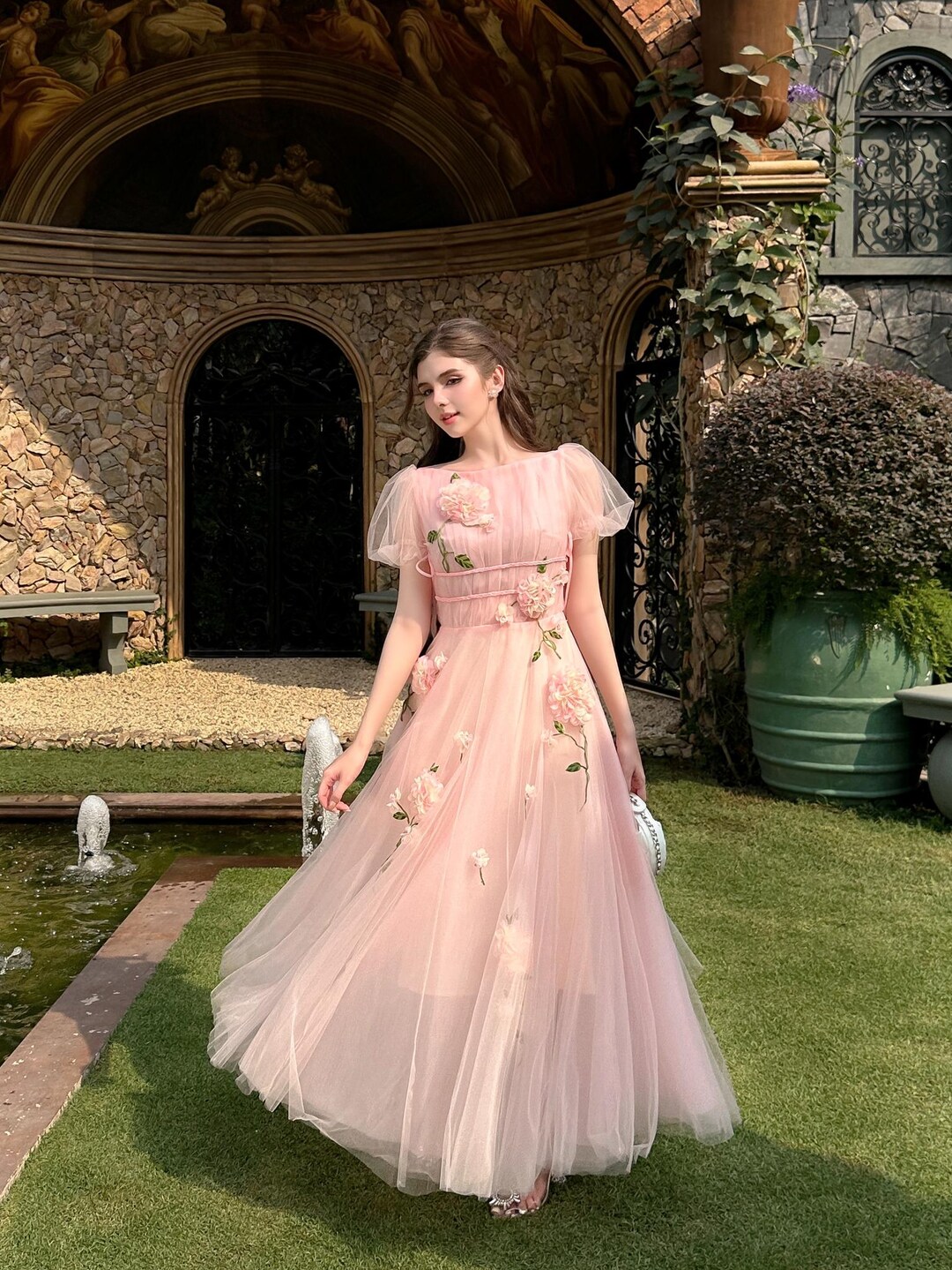 Blush Pink Tulle Maxi Dress with 3D Floral Appliques, Fairy Princess Evening Gown, Romantic Prom Wedding Guest Dress Blush Pink Tulle Maxi Dress with 3D Floral Appliques, Fairy Princess Evening Gown, Romantic Prom Wedding Guest Dress