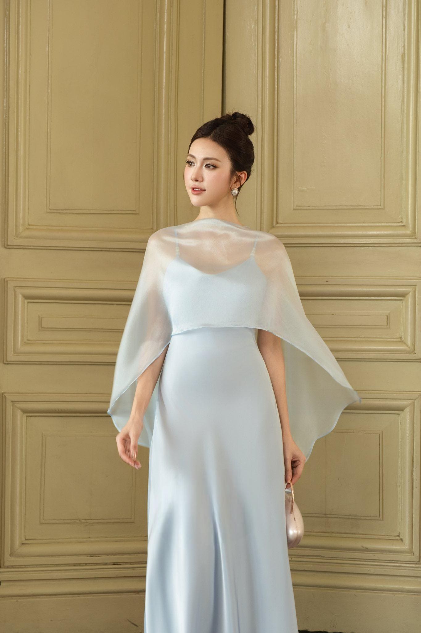 light blue cape dress ASOS DESIGN embroidered cape train maxi dress in baby blue