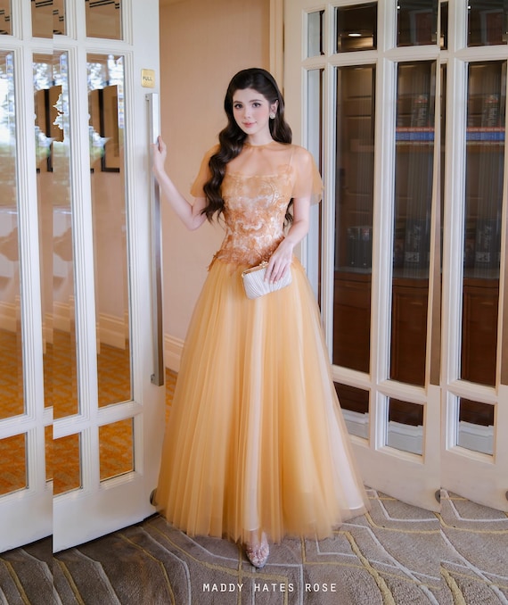 open lace back dress May Queen RQ7943 - Asymmetric Cape Sleeve Evening Dress 6 / Champagne main image 0