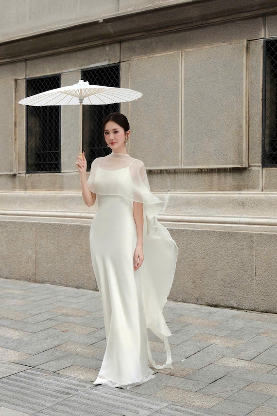 ivory silk organza wedding dress White/Ivory Lace Organza A Line Wedding Dress V Neck 3/4 Sleeve New Bridal Gown