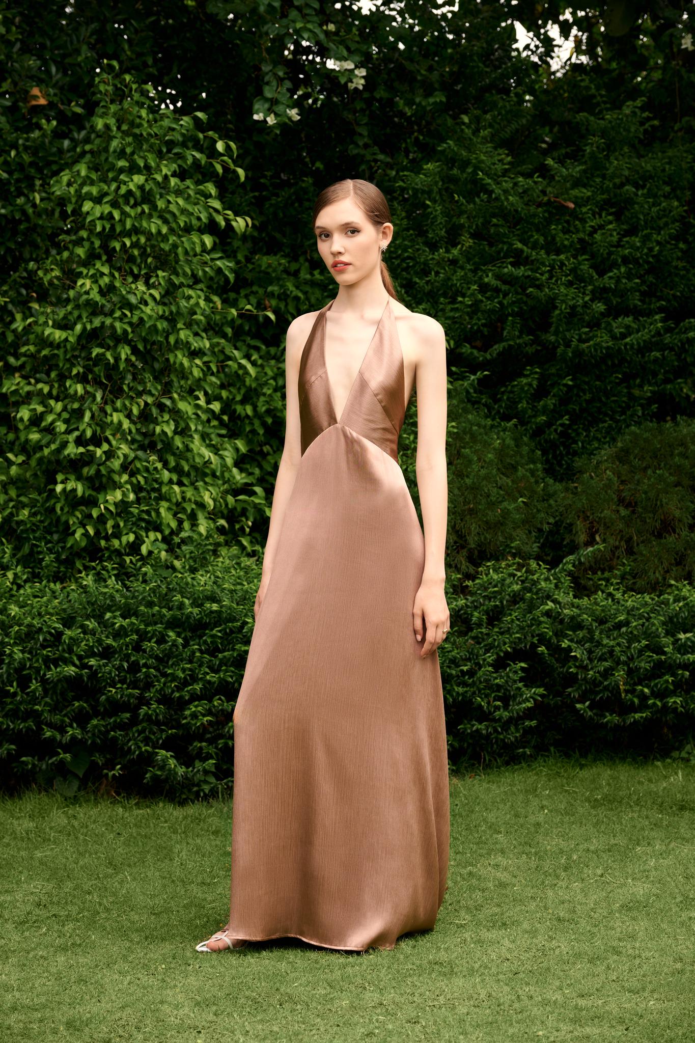 brown silk halter dress Halter chocolate brown maxi dress for wedding guest Hannah dress