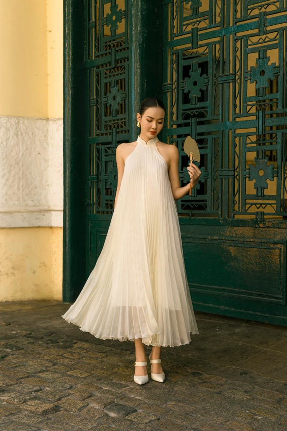 flowy chiffon wedding guest dress Pleated Halter Dress, Elegant Ivory Maxi Dress, Dress, Chiffon Dress, Minimalist Formal Dress, Bridesmaid §s perfect for any Size:US size 4 Lace modest dresses Pietro Brunelli NWT maternity