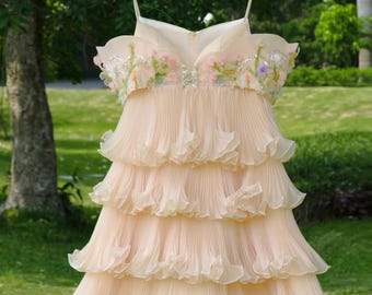 Beige Babydoll Organza Dress with 3D Floral Appliqués, Tiered Princess Gown for Wedding, Photoshoot, Gala