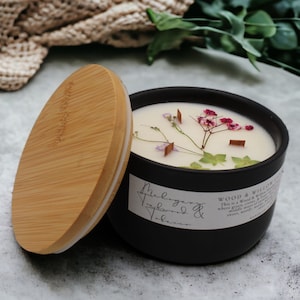 Personalized black jar soy candle bamboo wood lid wood wick decorated candle holiday candle gift 16th wedding anniversary wax gift birthday
