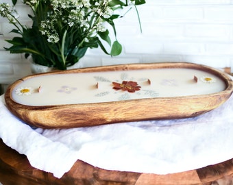LARGE Farmhouse oval dough bowl candle organic soy wax wood wick hand carved wood bowl boho decor table centerpiece personalized candle