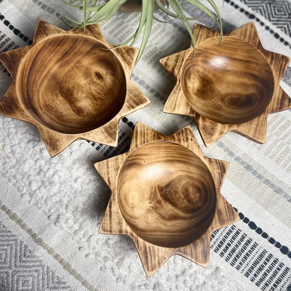 DIY Sun Shaped Dough Bowl Real Hand Carved Wooden Bowl Crafting  farmhouse decor table centerpiece candle ready sunshine shaped bowl