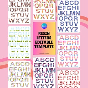 May include: A digital collection of alphabet letter templates featuring various patterns including floral, fruit, ocean, and gradient designs. A central rectangular graphic displays the text: Canva RESIN LETTERS EDITABLE TEMPLATE ejoy's art space.