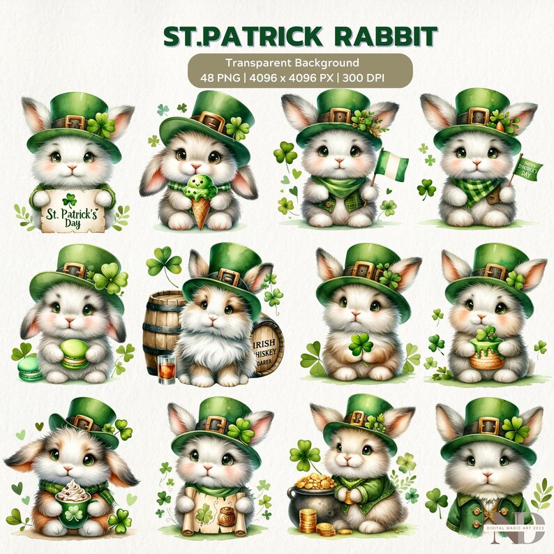 Watercolor St.patrick Rabbit Clipart Cute Rabbit PNG St.patricks Day ...