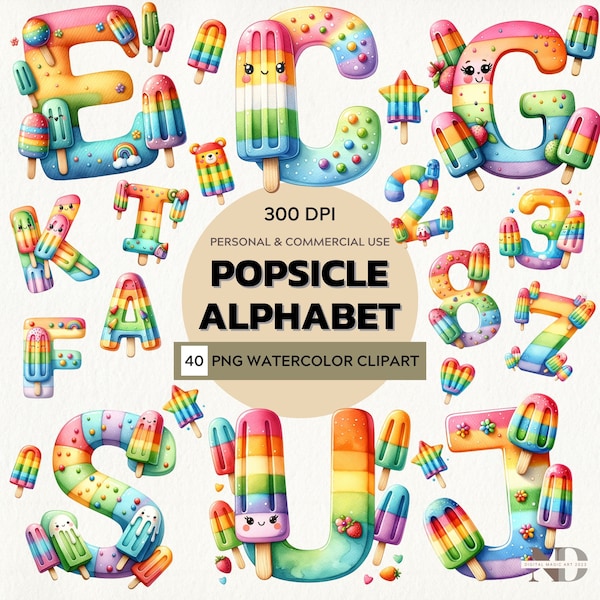 Rainbow Popsicle Alphabet and Numbers Clipart | Ice Cream Alphabet PNG Letter | Popsicle stick PNG | Rainbow Ice Pop | Commercial Use