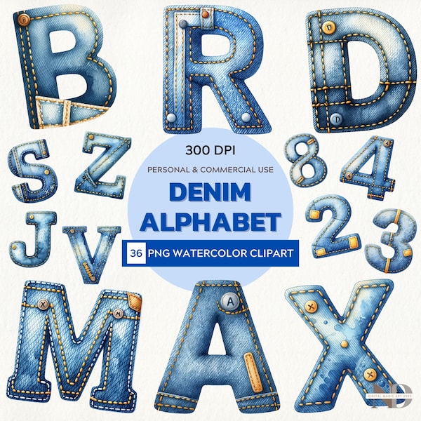 Watercolor Denim Alphabet and Numbers Clipart | Jeans Alphabet PNG Letter | Denim Jeans Letters | Denim Alphabet Bundle | Commercial Use