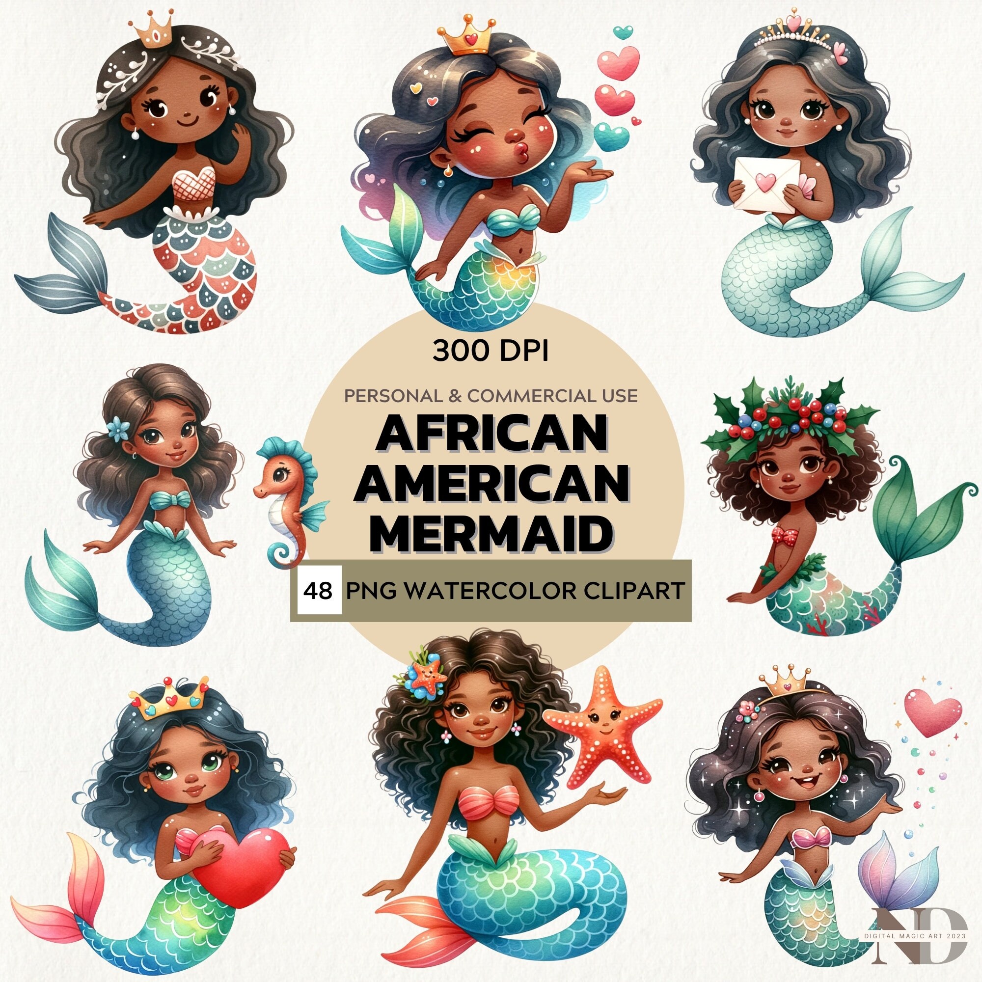 Watercolor African American Mermaid Clipart Black Mermaid Clipart