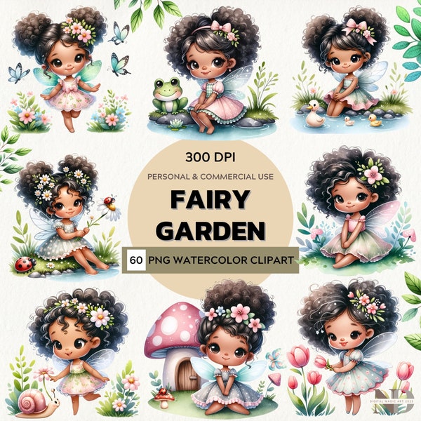 Watercolor Fairy Garden Clipart | Afro Fairy Garden PNG | African American Fairy | Fairy Land | Black Fairy Clipart | Commercial Use