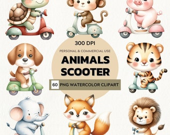 Watercolor Scooter Animals Clipart | Animals Vehicles PNG | Cute Animals on a Scooter Clipart | Cute Safari Animals PNG | Commercial Use