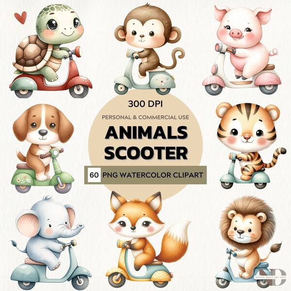 Watercolor Scooter Animals Clipart | Animals Vehicles PNG | Cute Animals on a Scooter Clipart | Cute Safari Animals PNG | Commercial Use