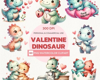 Watercolor Valentine Dinosaur Clipart | Dinosaur PNG | Valentine Clipart | Animal Clipart | Cute Dinosaur Clipart | Commercial Use