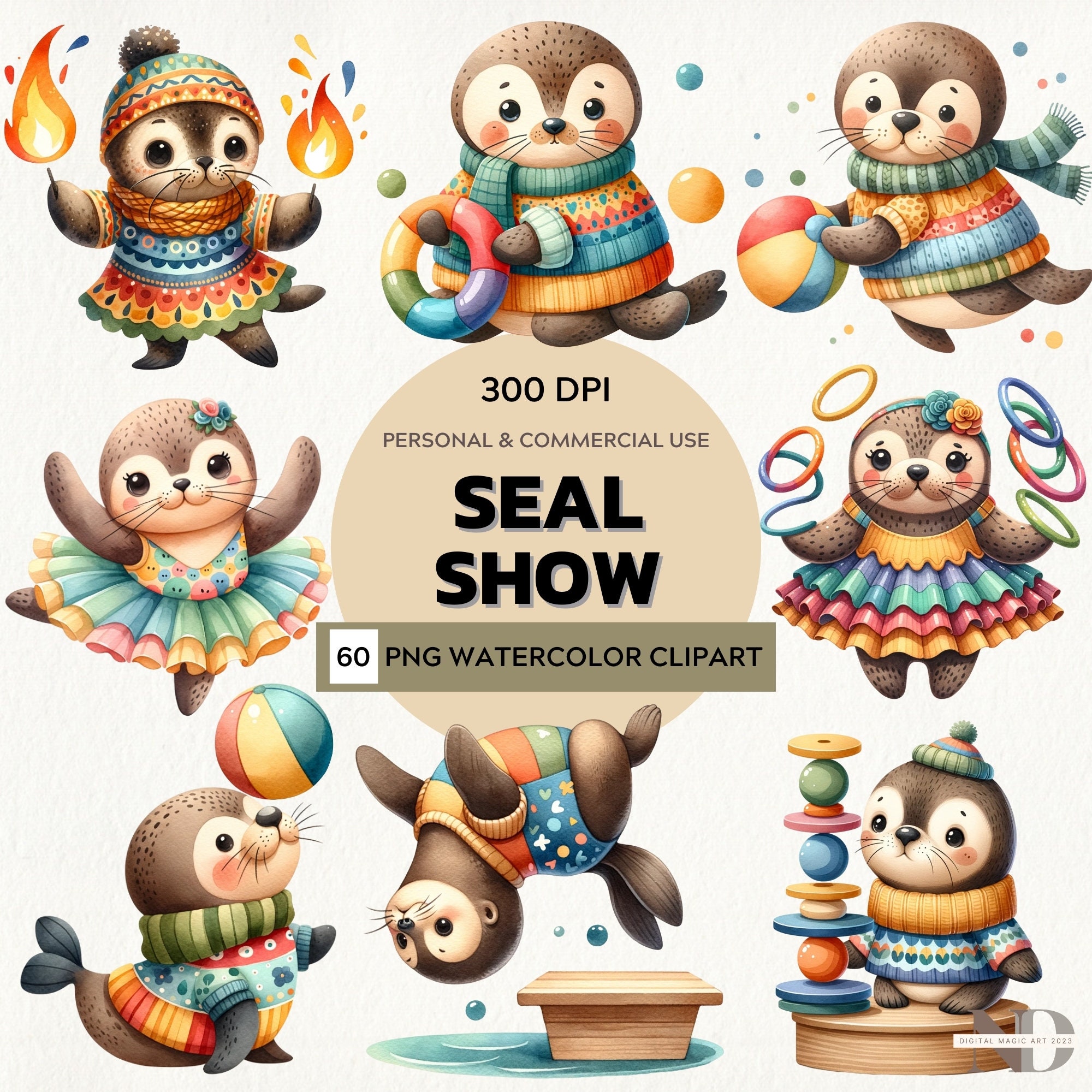 Watercolor Seal Show Clipart Cute Circus Seal PNG Circus Animals ...